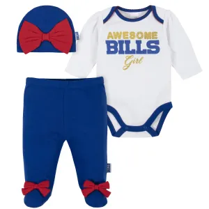 Awesome Bills Baby Girl Bodysuit, Footed Pant & Cap Set