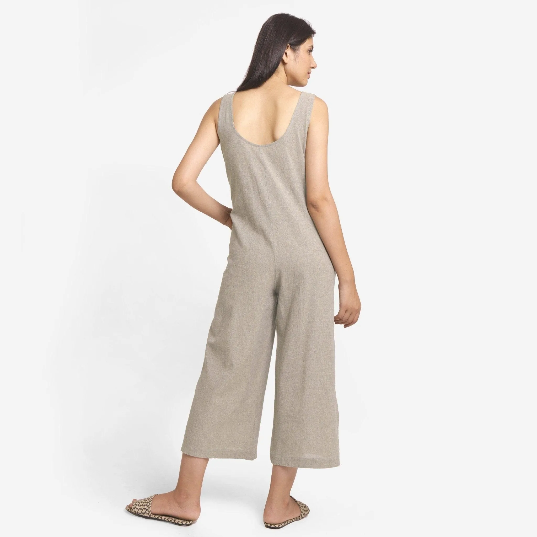 Beige 100% Cotton Sleeveless Wide Legged Jumpsuit