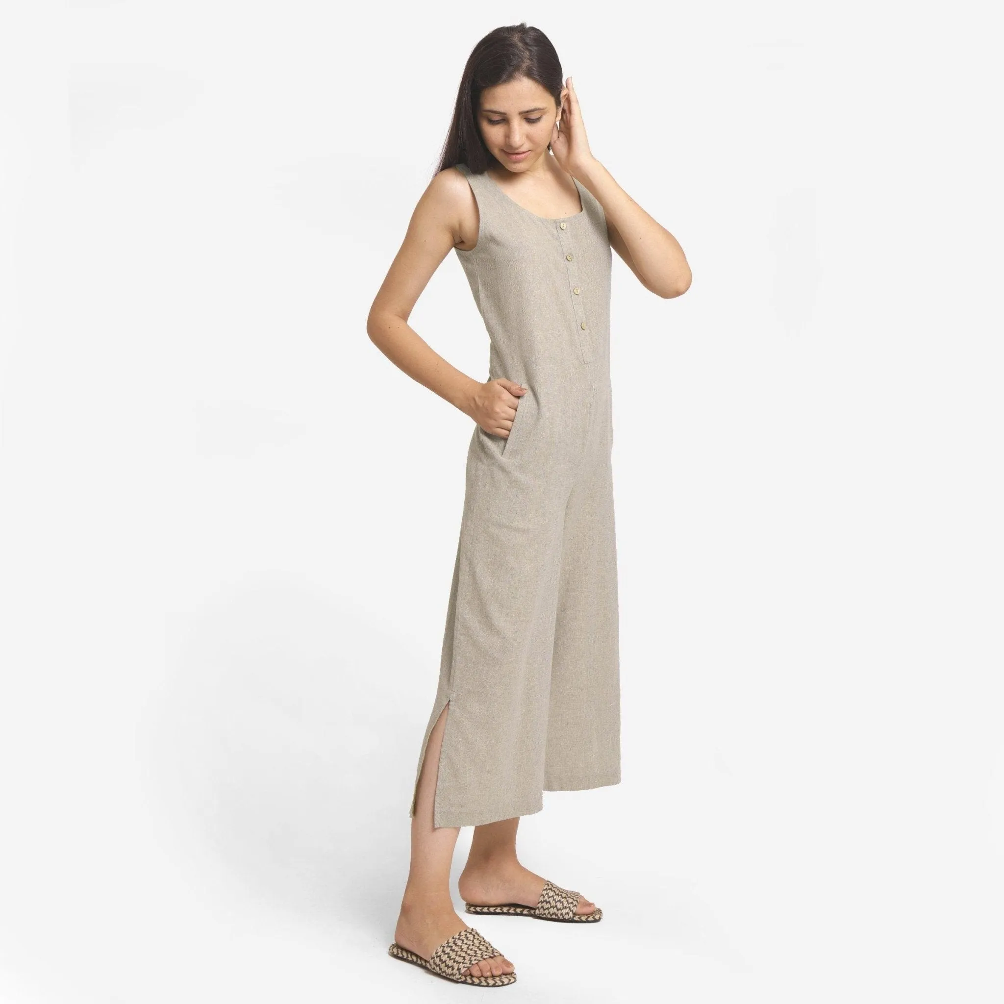 Beige 100% Cotton Sleeveless Wide Legged Jumpsuit