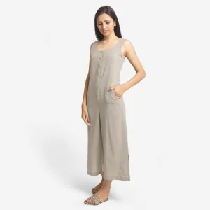 Beige 100% Cotton Sleeveless Wide Legged Jumpsuit