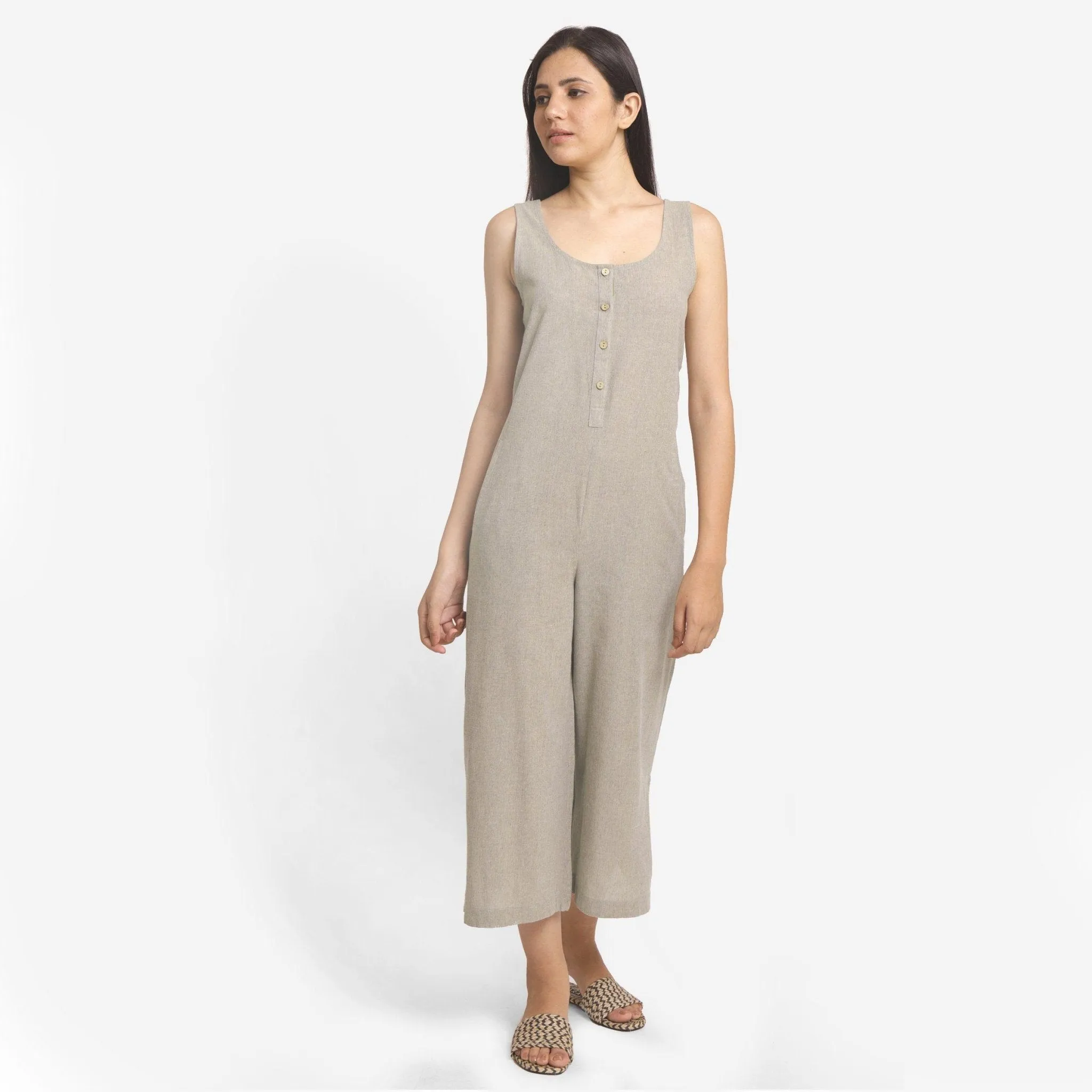 Beige 100% Cotton Sleeveless Wide Legged Jumpsuit