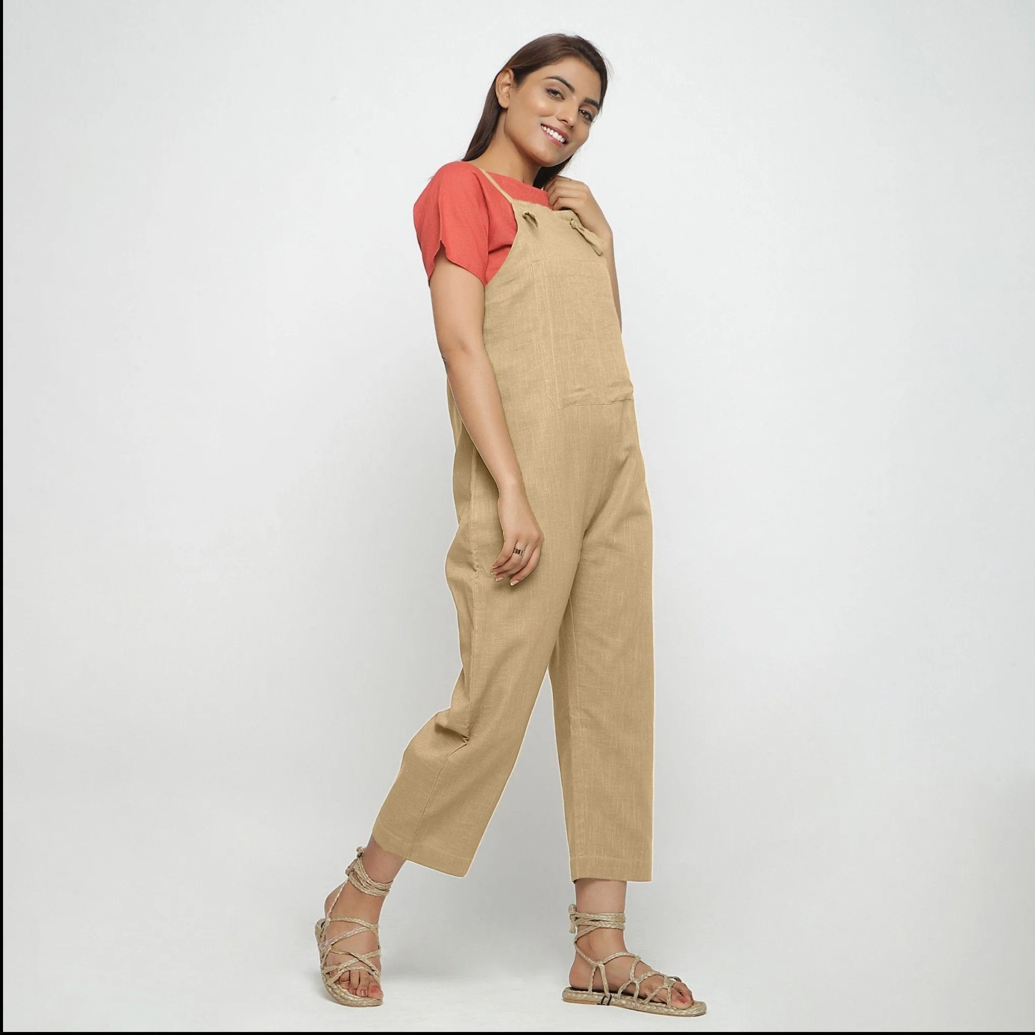 Beige Strap Sleeve Cotton Dungaree Jumpsuit