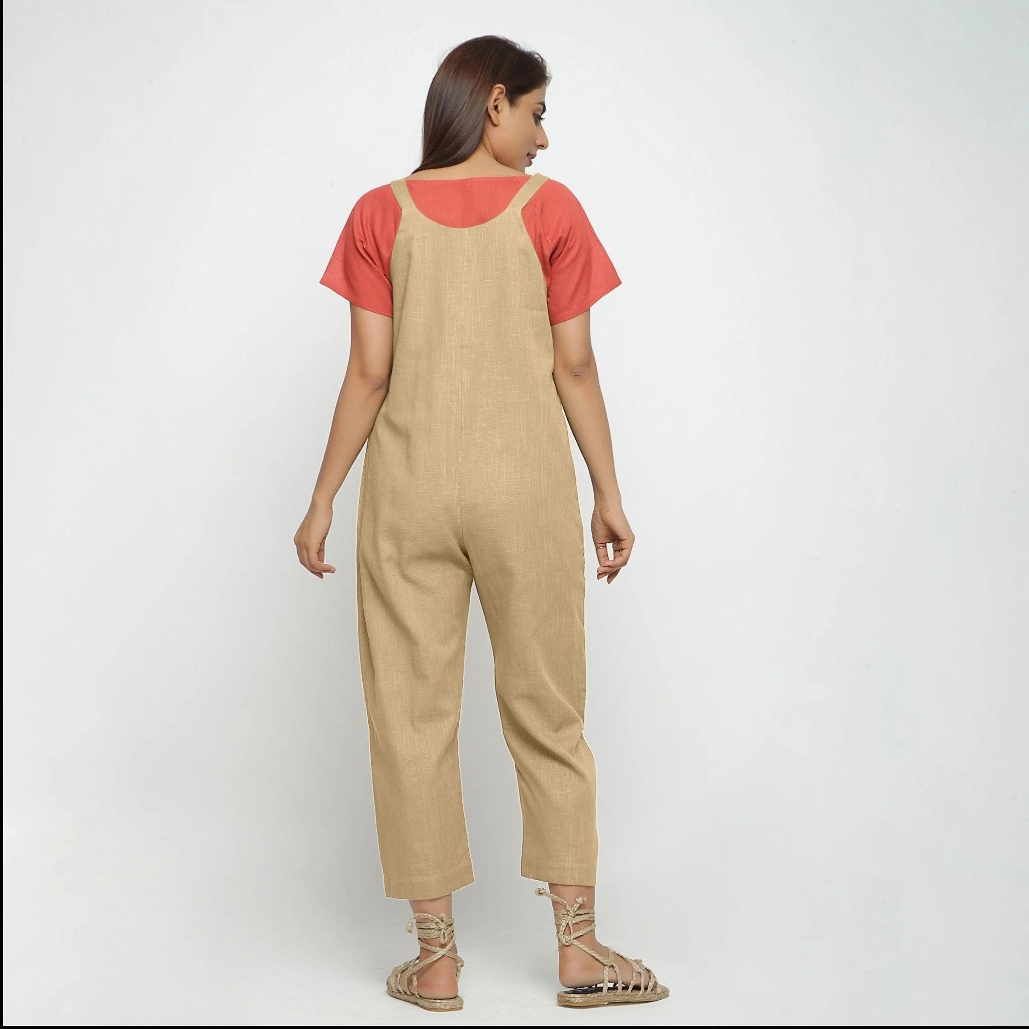 Beige Strap Sleeve Cotton Dungaree Jumpsuit