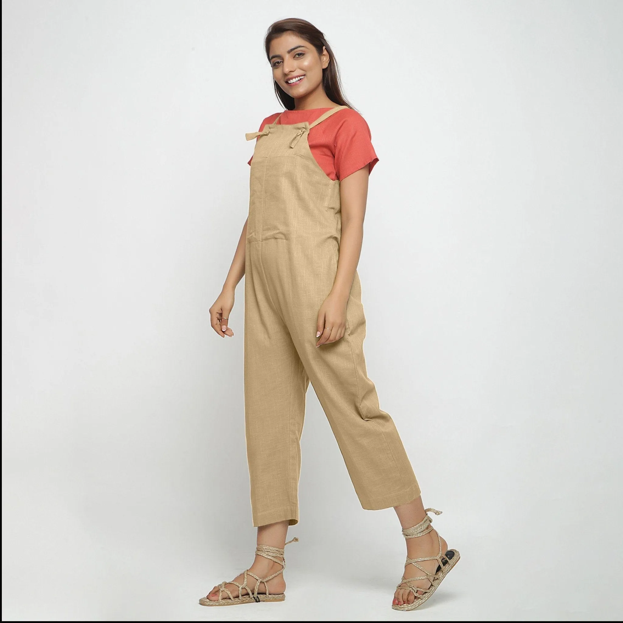 Beige Strap Sleeve Cotton Dungaree Jumpsuit