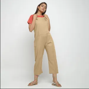 Beige Strap Sleeve Cotton Dungaree Jumpsuit