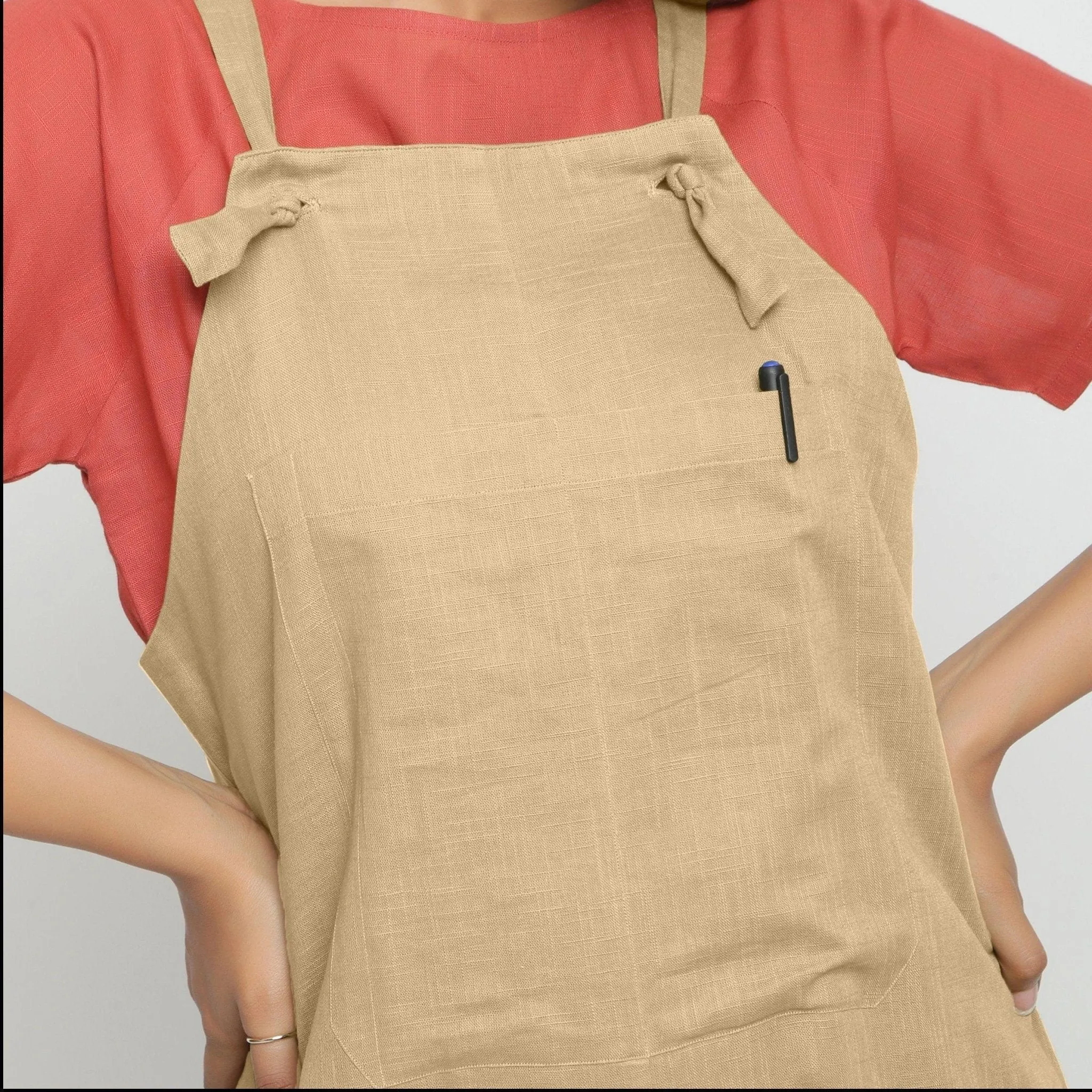 Beige Strap Sleeve Cotton Dungaree Jumpsuit