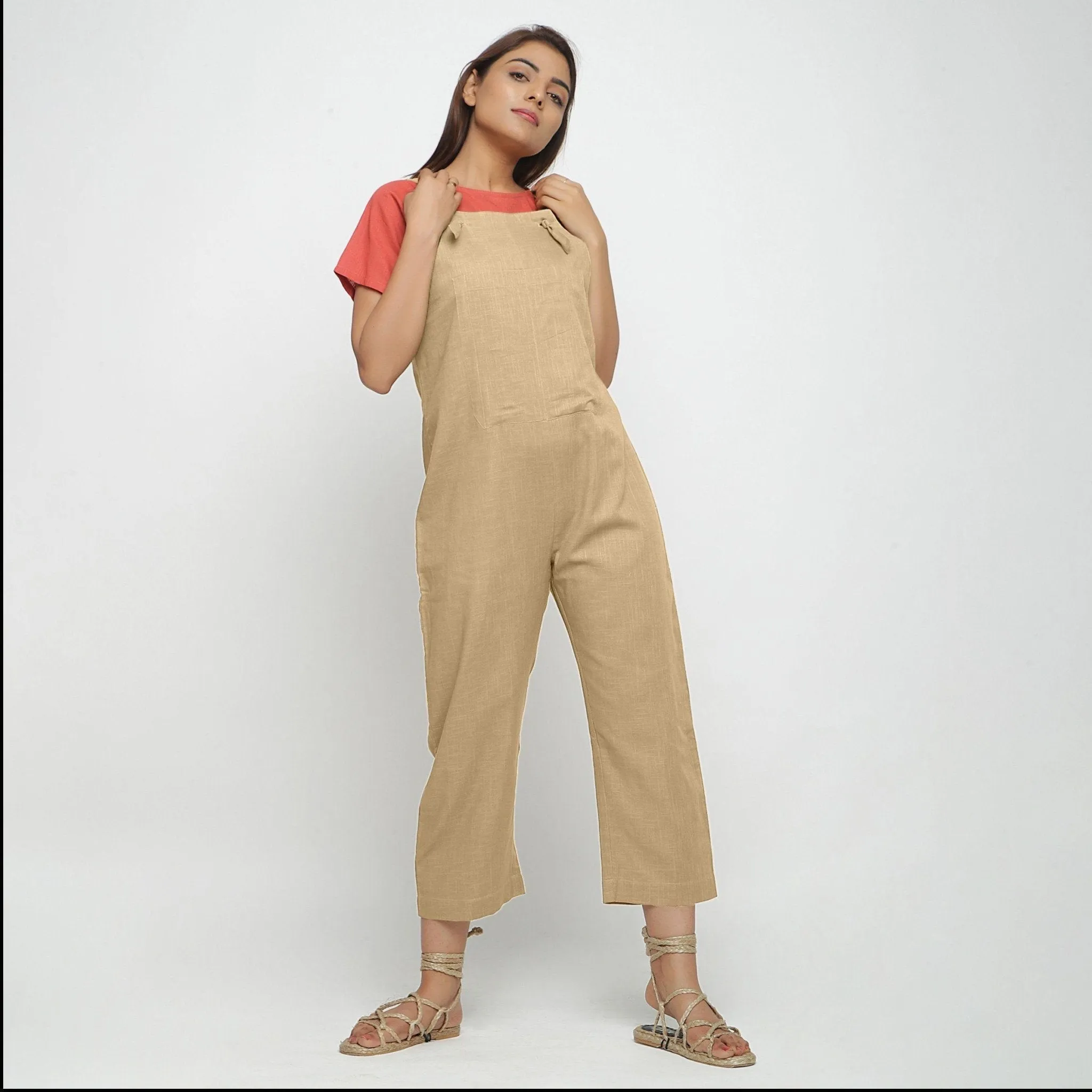 Beige Strap Sleeve Cotton Dungaree Jumpsuit