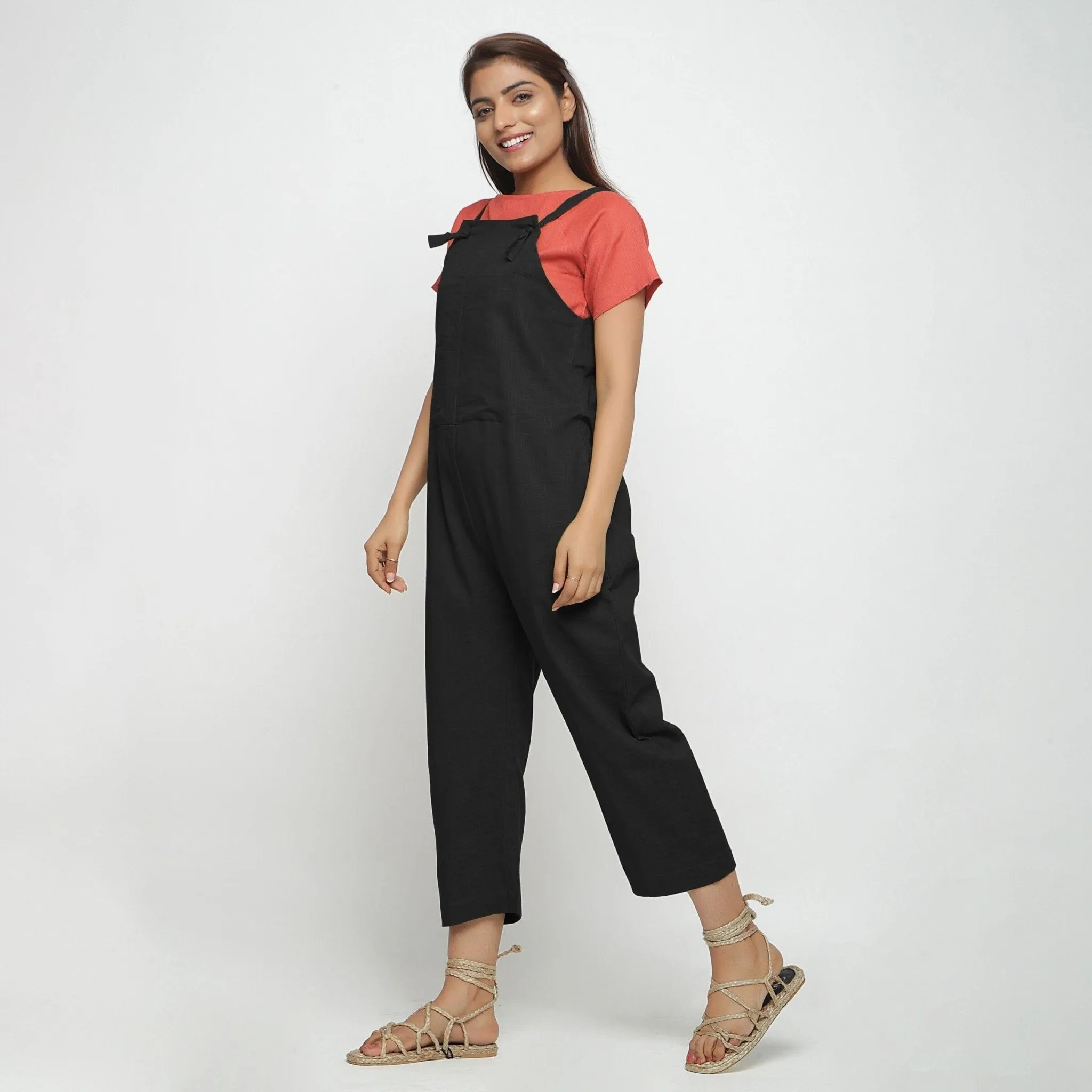 Black Strap Sleeve Cotton Dungaree Jumpsuit