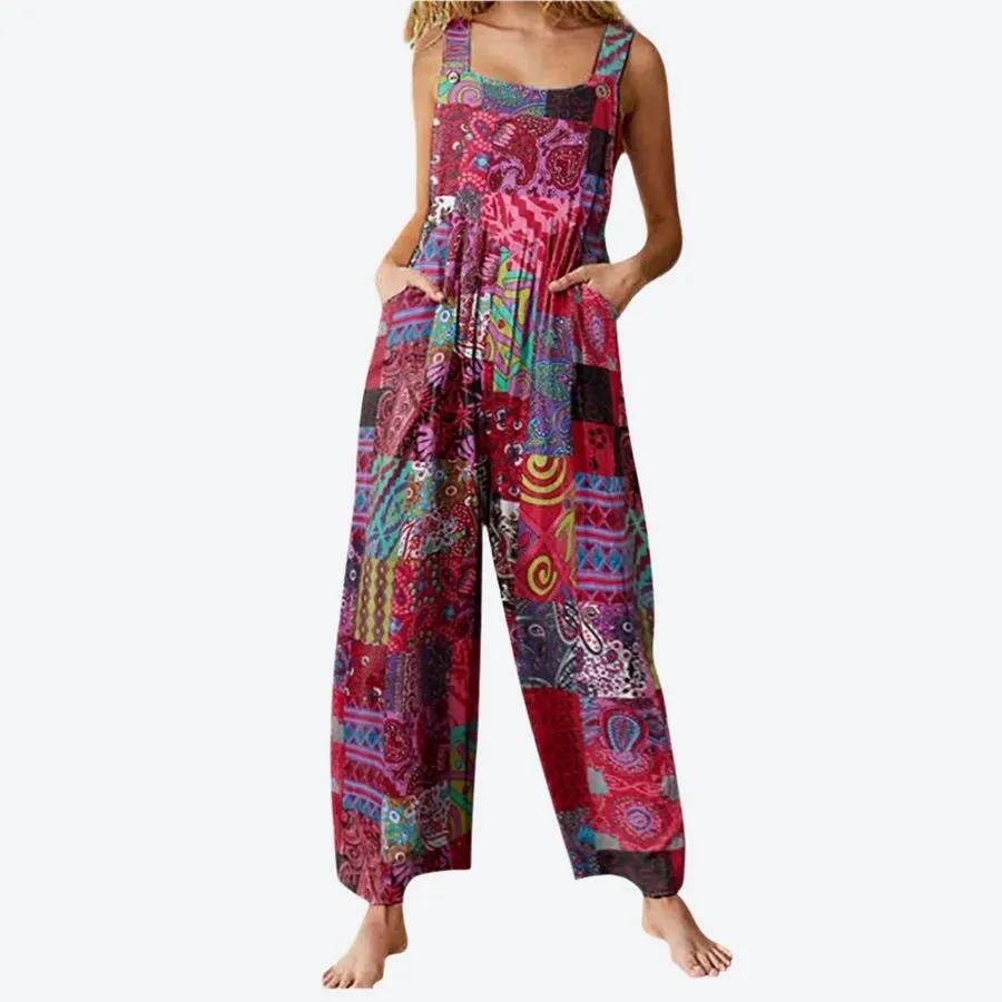 Bohemian Patchwork Wide-Leg Jumpsuits