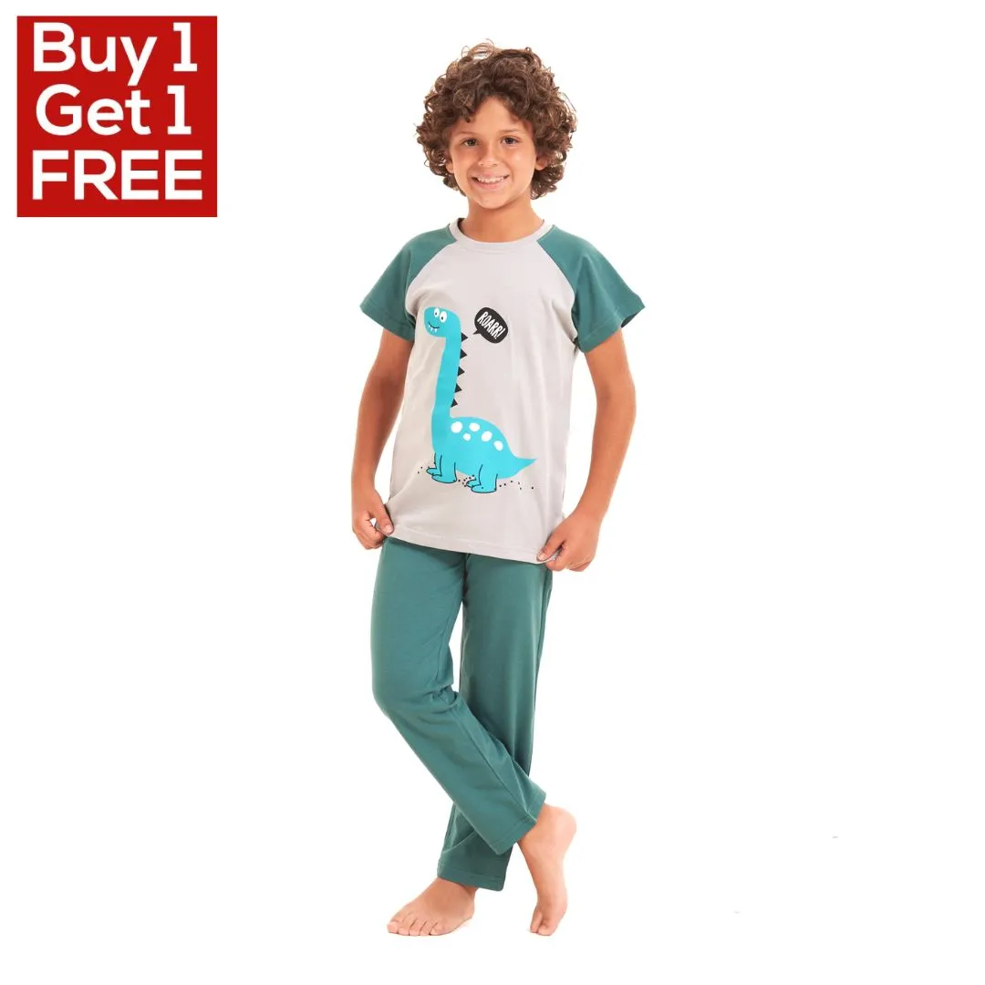 Boys summer pajama set Light blue dinasour t-shirt  Green pants