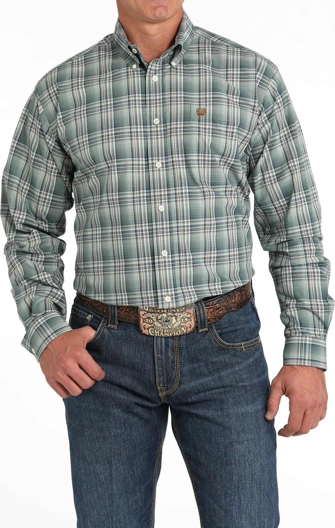 Cinch Men's Green Plaid Button Down Shirt