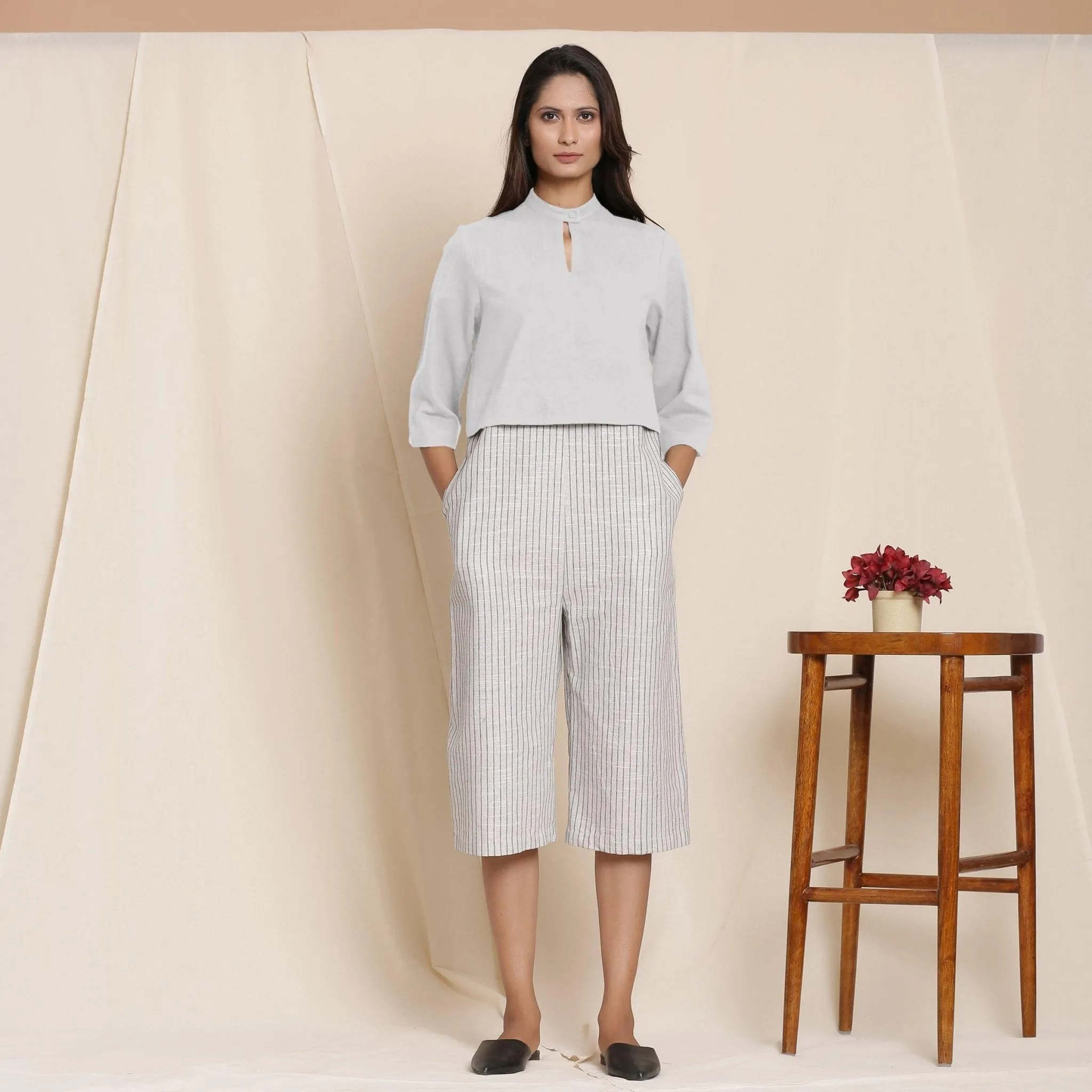 Cloudy Grey Warm Cotton Flannel Knee Length Yoked Jumpsuit