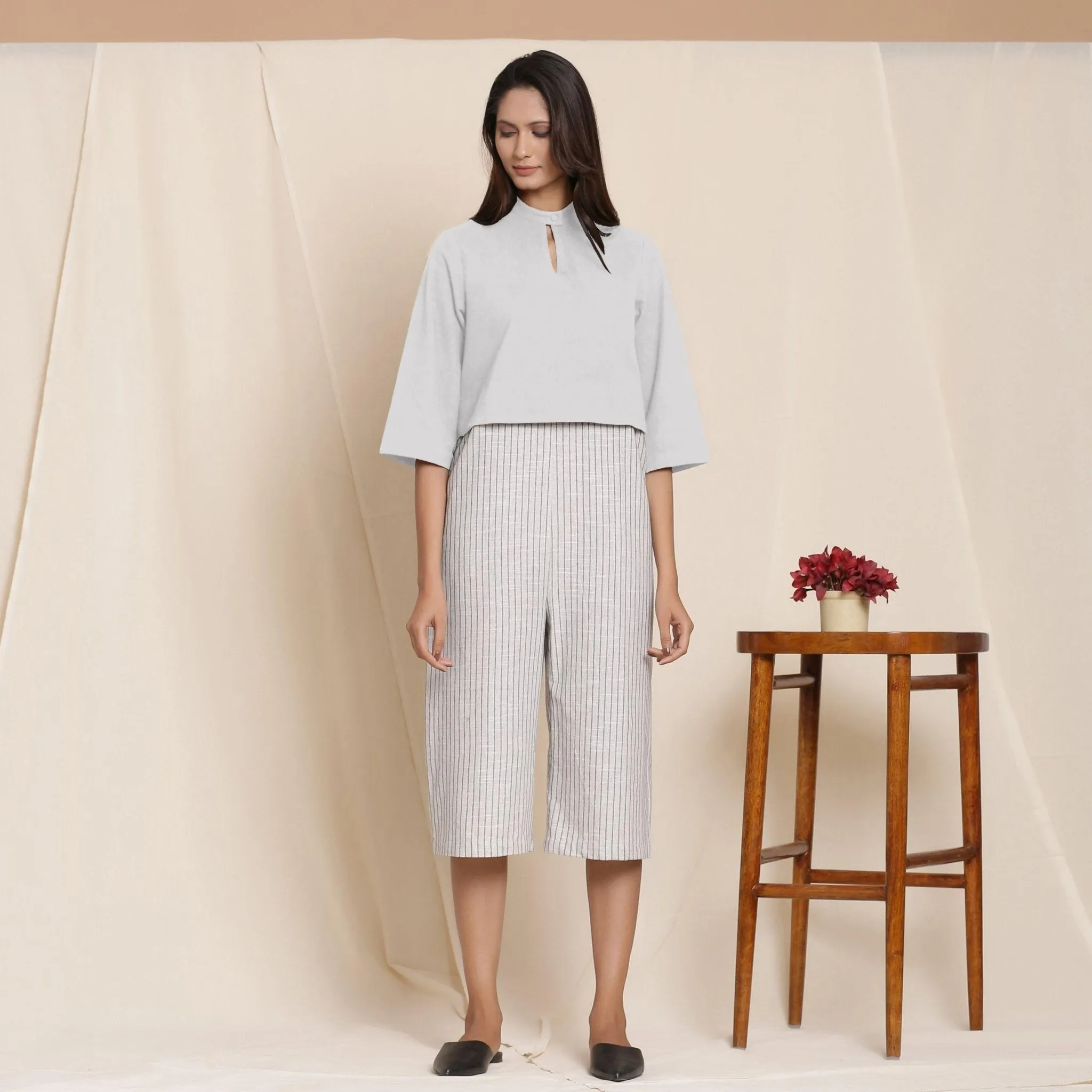 Cloudy Grey Warm Cotton Flannel Knee Length Yoked Jumpsuit