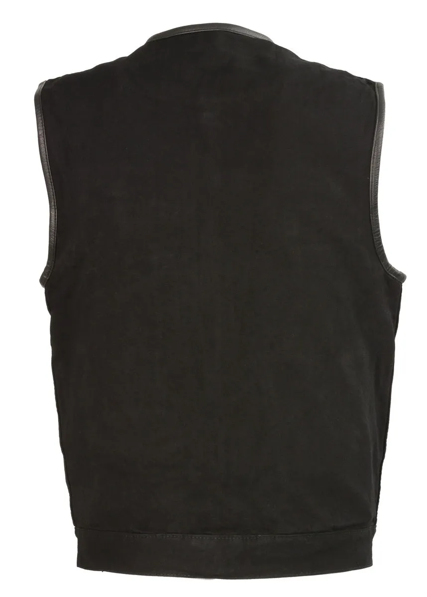 Club Vest CV3004LT Men's Black Collarless Denim Vest with Concealed Snaps and Hidden Zipper