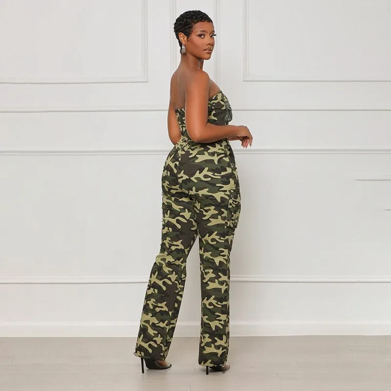 Drawstring Waist Camouflage Jumpsuits