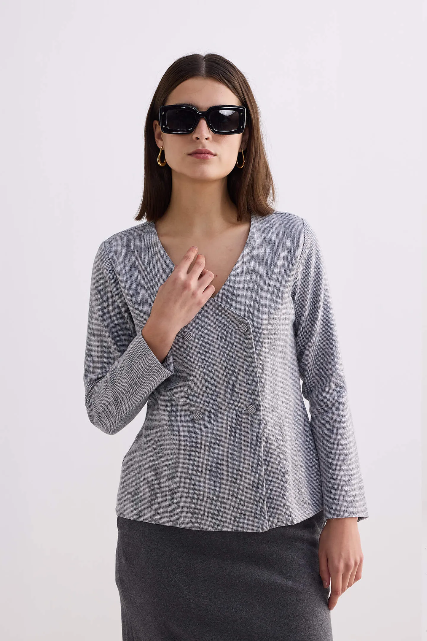 Fitted Cotton Tweed Jacket in Grey