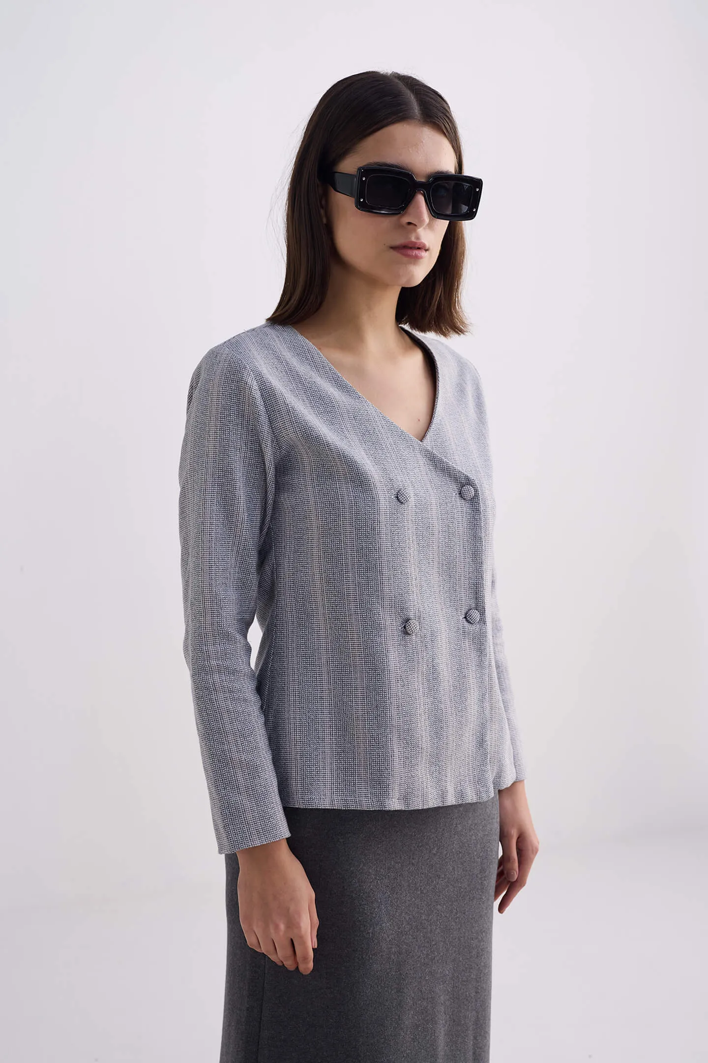 Fitted Cotton Tweed Jacket in Grey