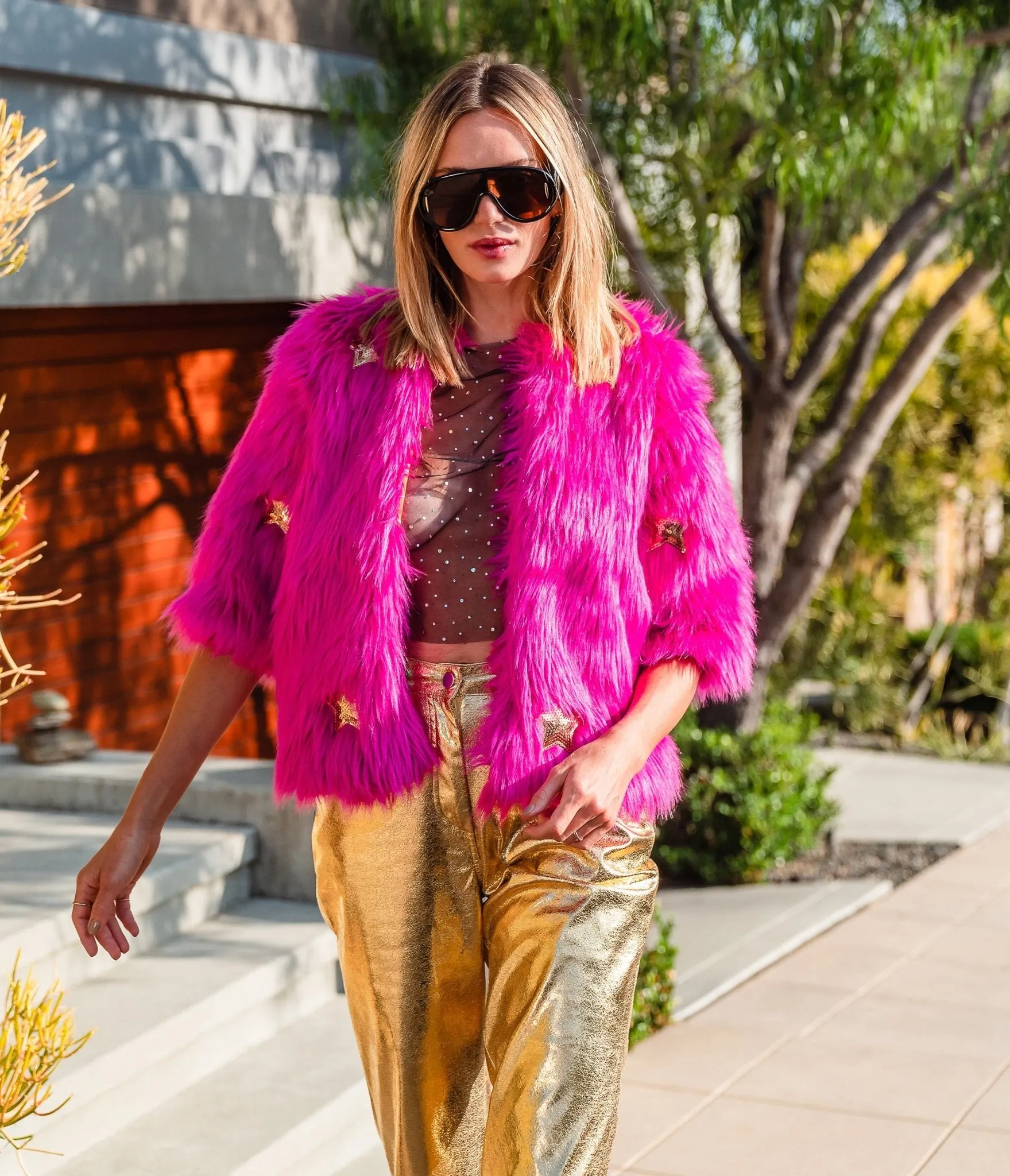 Jennafer Grace Hot Pink Planet Queen Faux Fur Jacket