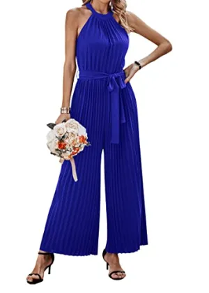 KIRUNDO 2023 Women Summer Halter Neck Sleeveless Pleated High Waist Belted Dressy Wide Leg Pant One Piece Jumpsuits Romper(Bright Blue, X-Large)