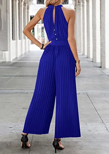 KIRUNDO 2023 Women Summer Halter Neck Sleeveless Pleated High Waist Belted Dressy Wide Leg Pant One Piece Jumpsuits Romper(Bright Blue, X-Large)