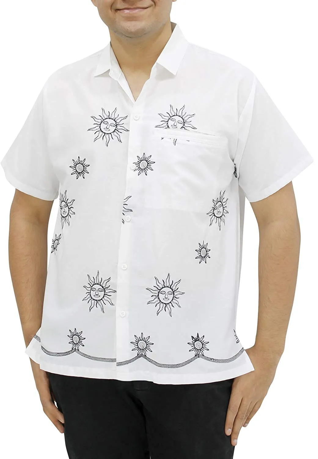 LA LEELA Shirt Casual Button Down Short Sleeve Beach Shirt Men Embroidered 176