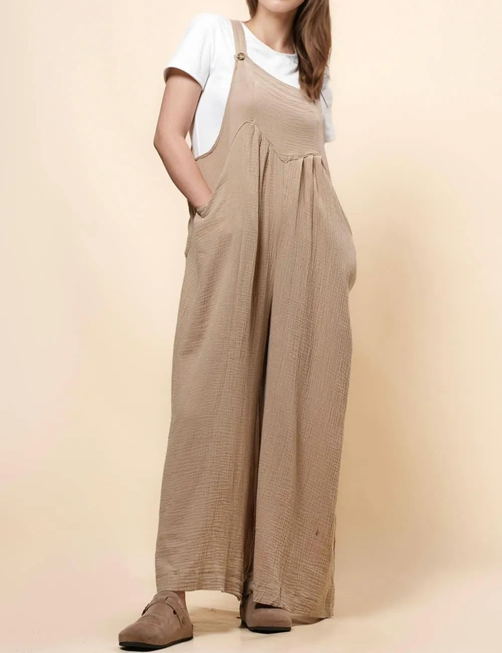 Ladies Botton Strape Overall Relaxed Gauzy Jumpsuits SKJ162