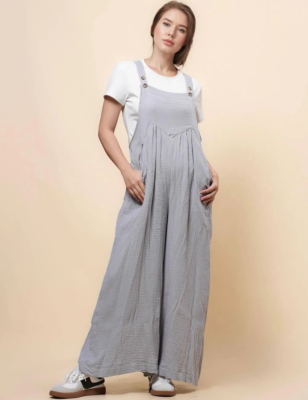 Ladies Botton Strape Overall Relaxed Gauzy Jumpsuits SKJ162