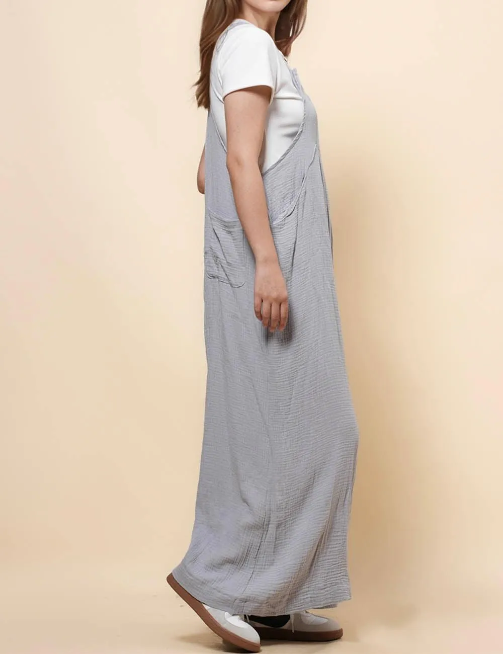 Ladies Botton Strape Overall Relaxed Gauzy Jumpsuits SKJ162