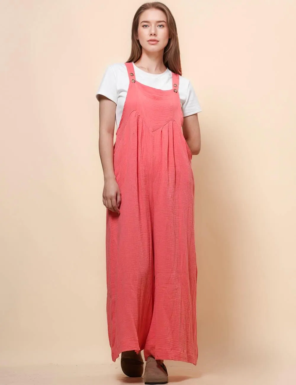 Ladies Botton Strape Overall Relaxed Gauzy Jumpsuits SKJ162