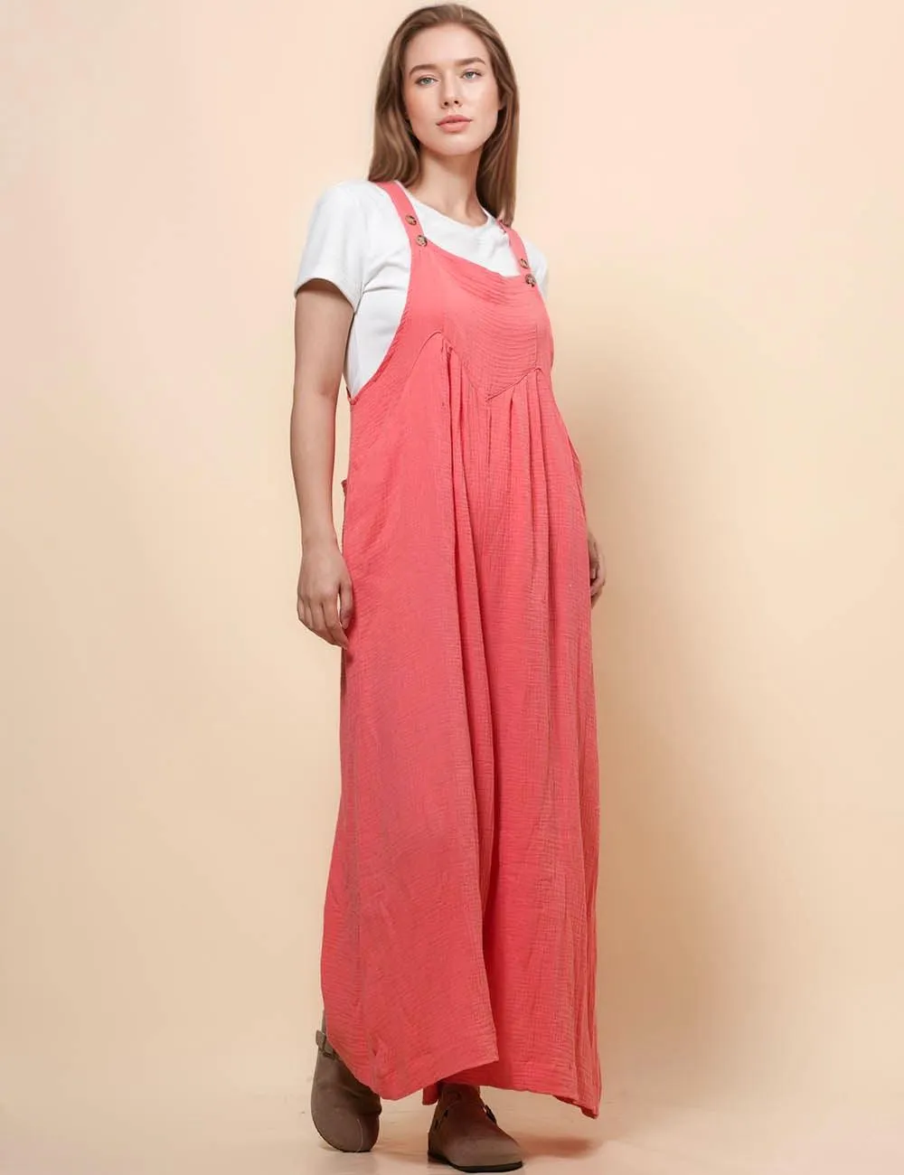 Ladies Botton Strape Overall Relaxed Gauzy Jumpsuits SKJ162