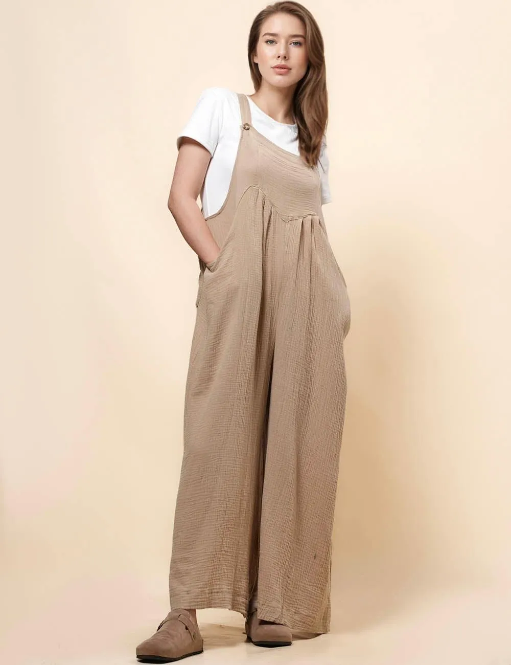 Ladies Botton Strape Overall Relaxed Gauzy Jumpsuits SKJ162