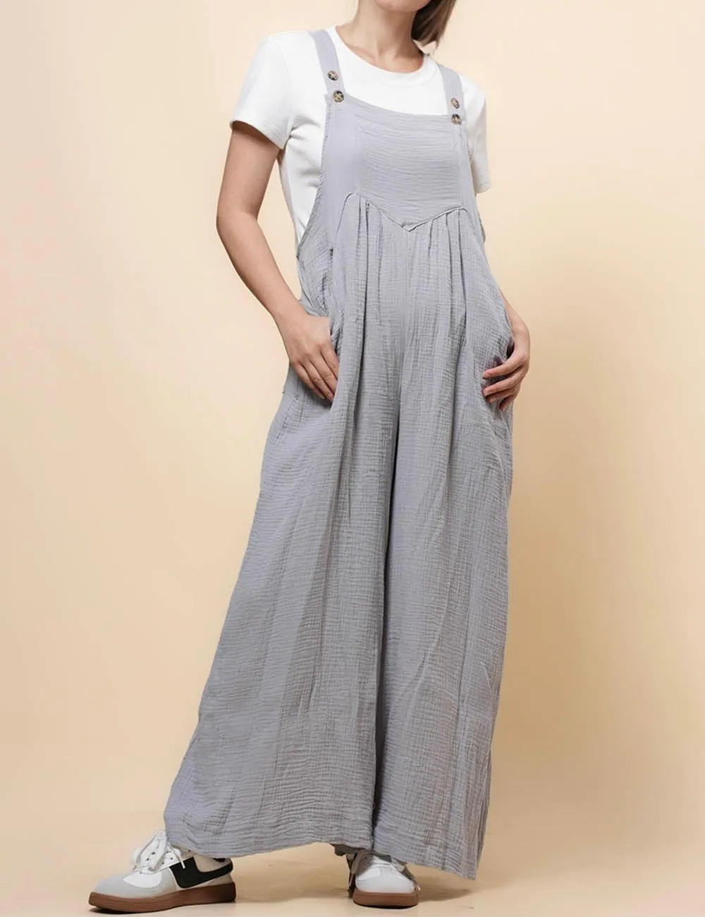 Ladies Botton Strape Overall Relaxed Gauzy Jumpsuits SKJ162