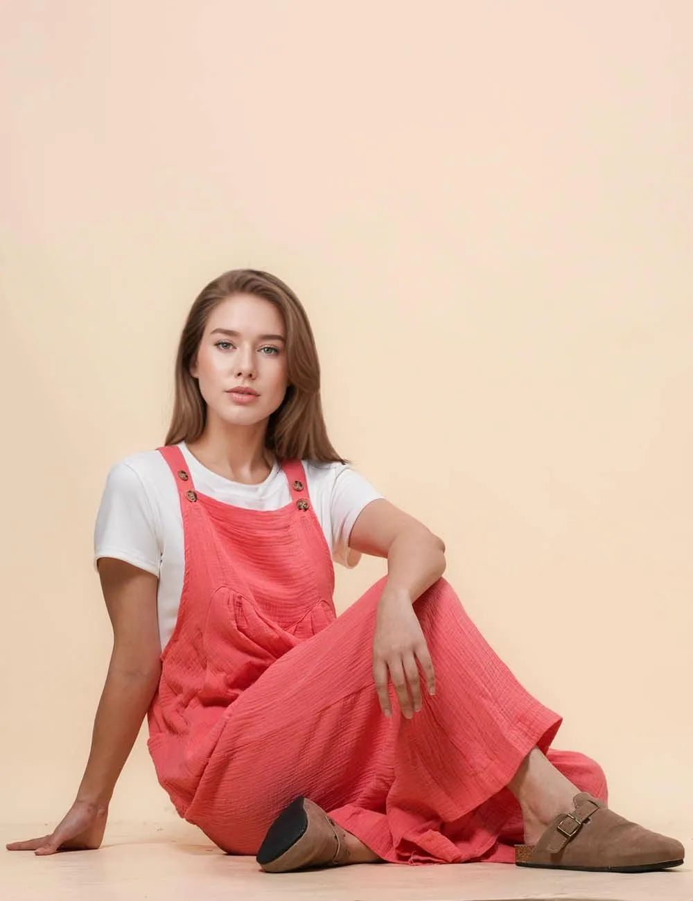 Ladies Botton Strape Overall Relaxed Gauzy Jumpsuits SKJ162