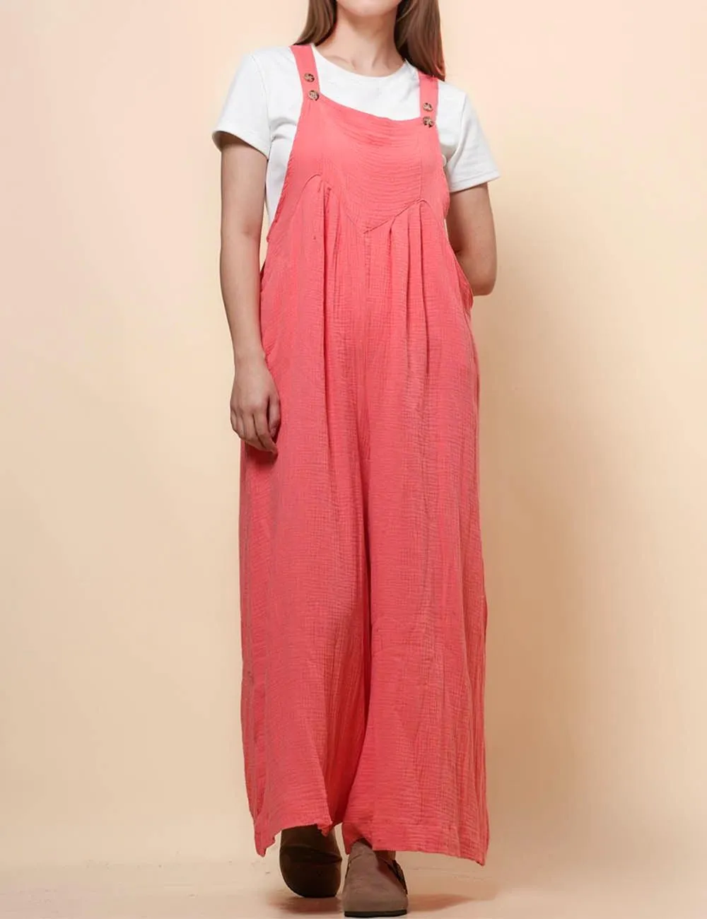 Ladies Botton Strape Overall Relaxed Gauzy Jumpsuits SKJ162