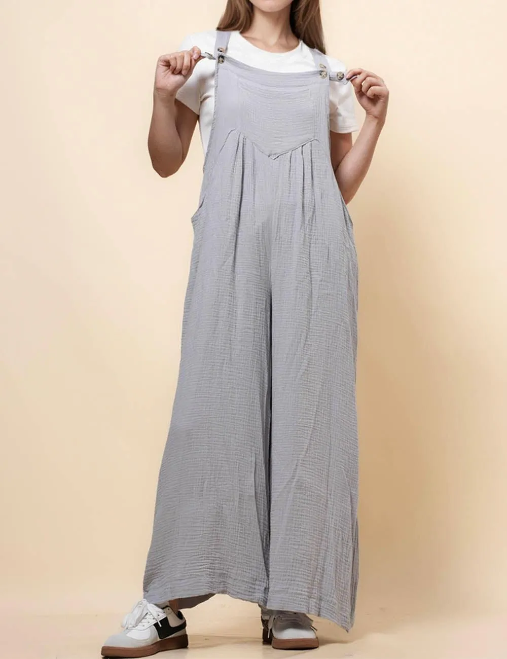 Ladies Botton Strape Overall Relaxed Gauzy Jumpsuits SKJ162