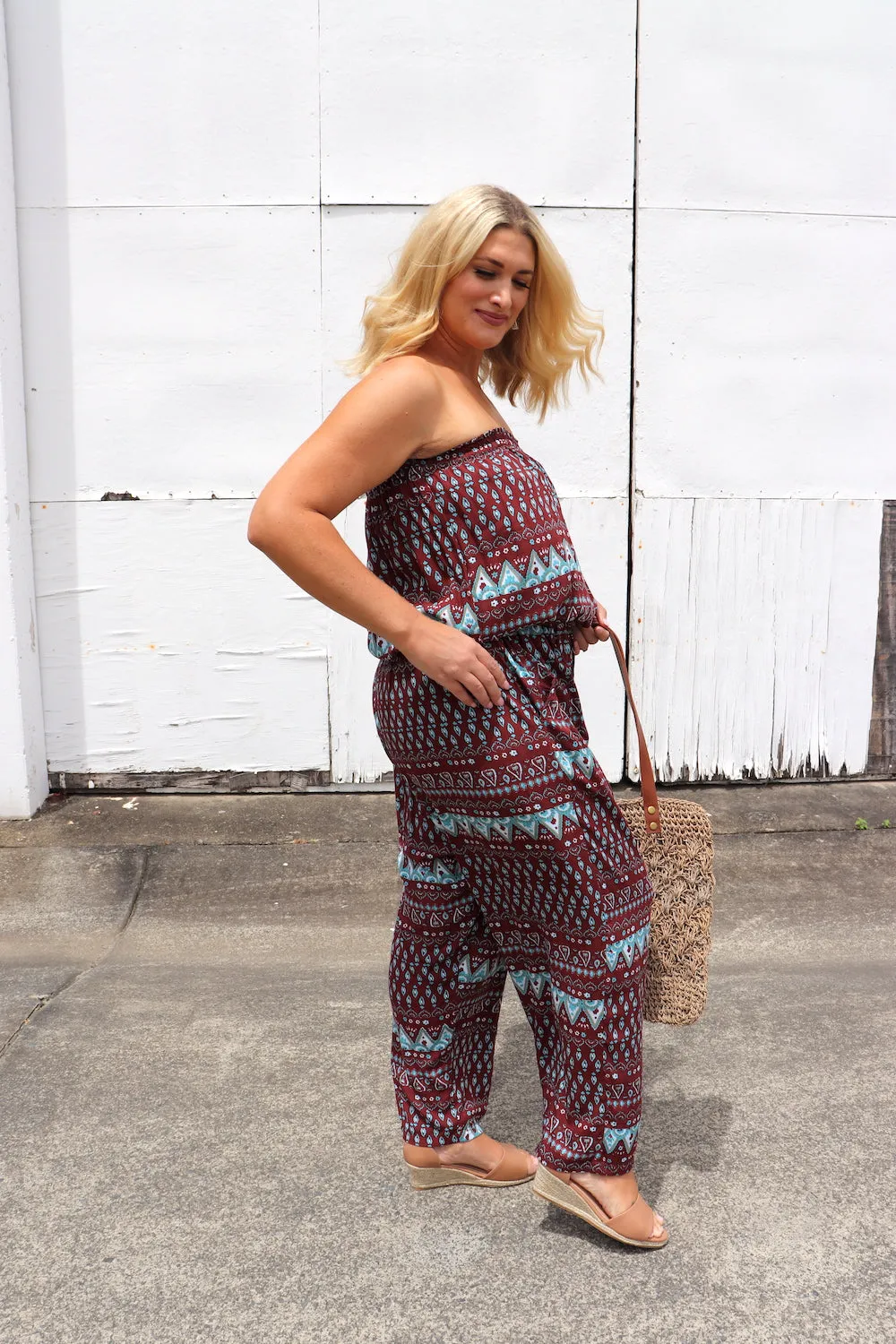 Living It Up Long Jumpsuit In Choc/Mint