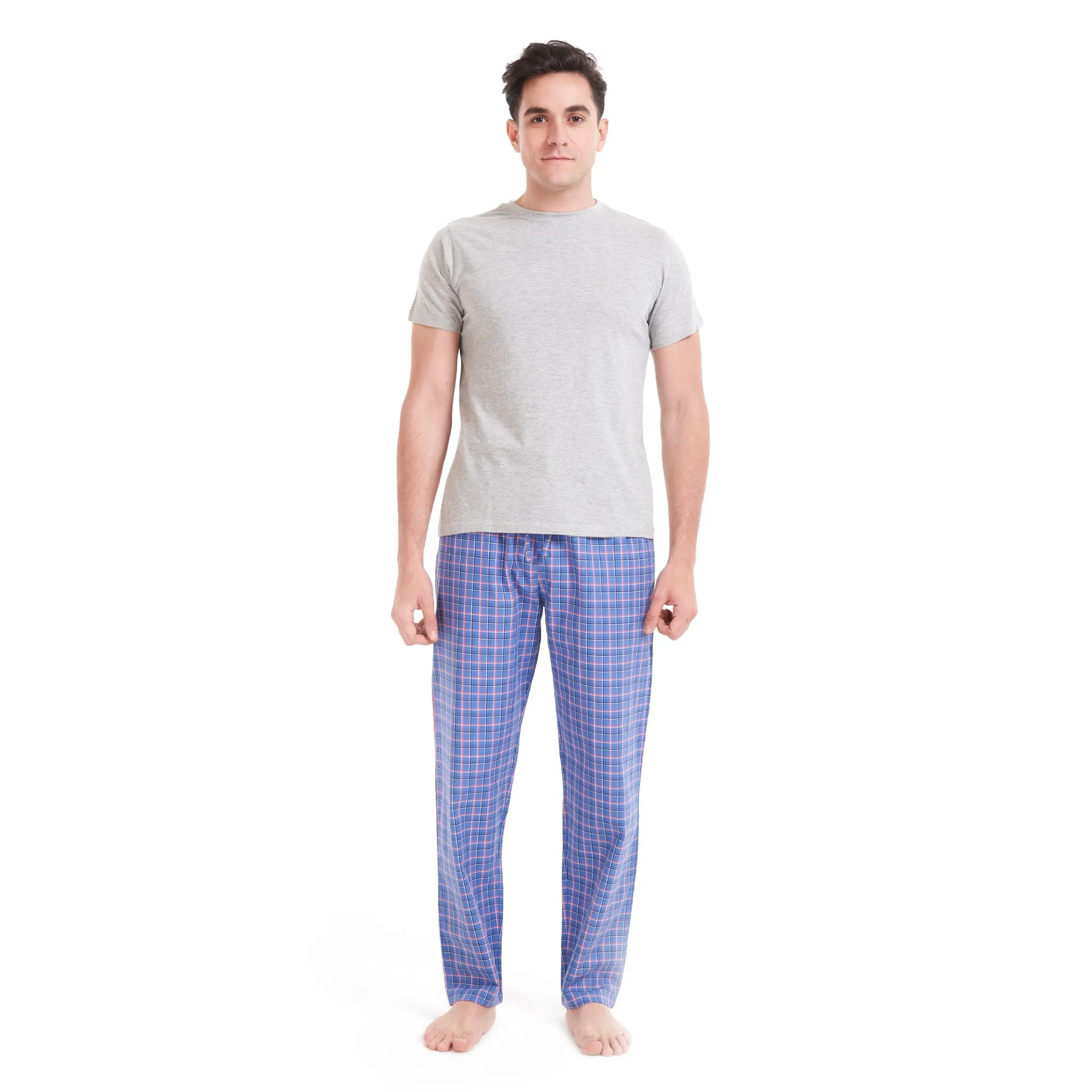 Men summer pajama set Grey T-shirt  Blue x Light Red checkered pants