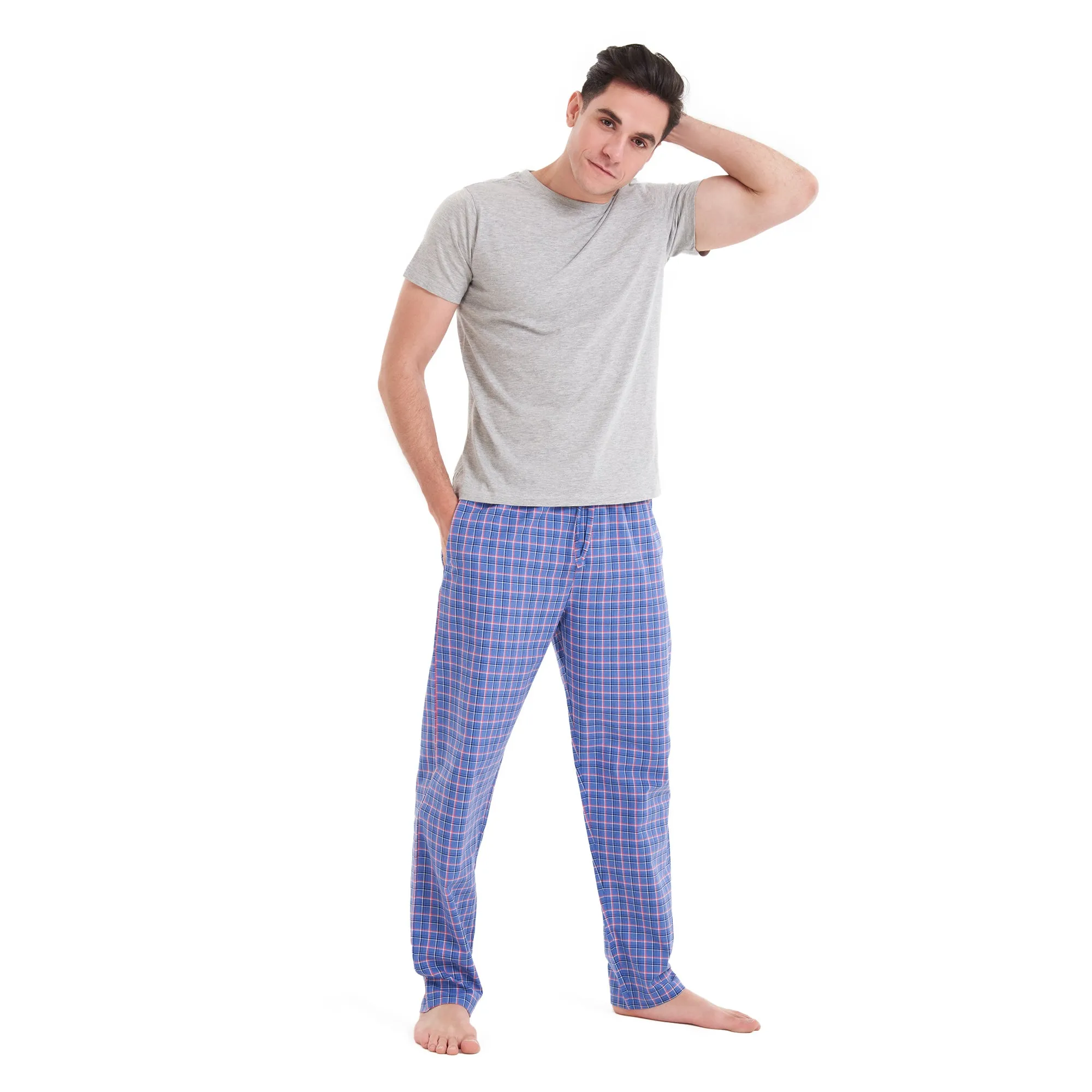 Men summer pajama set Grey T-shirt  Blue x Light Red checkered pants