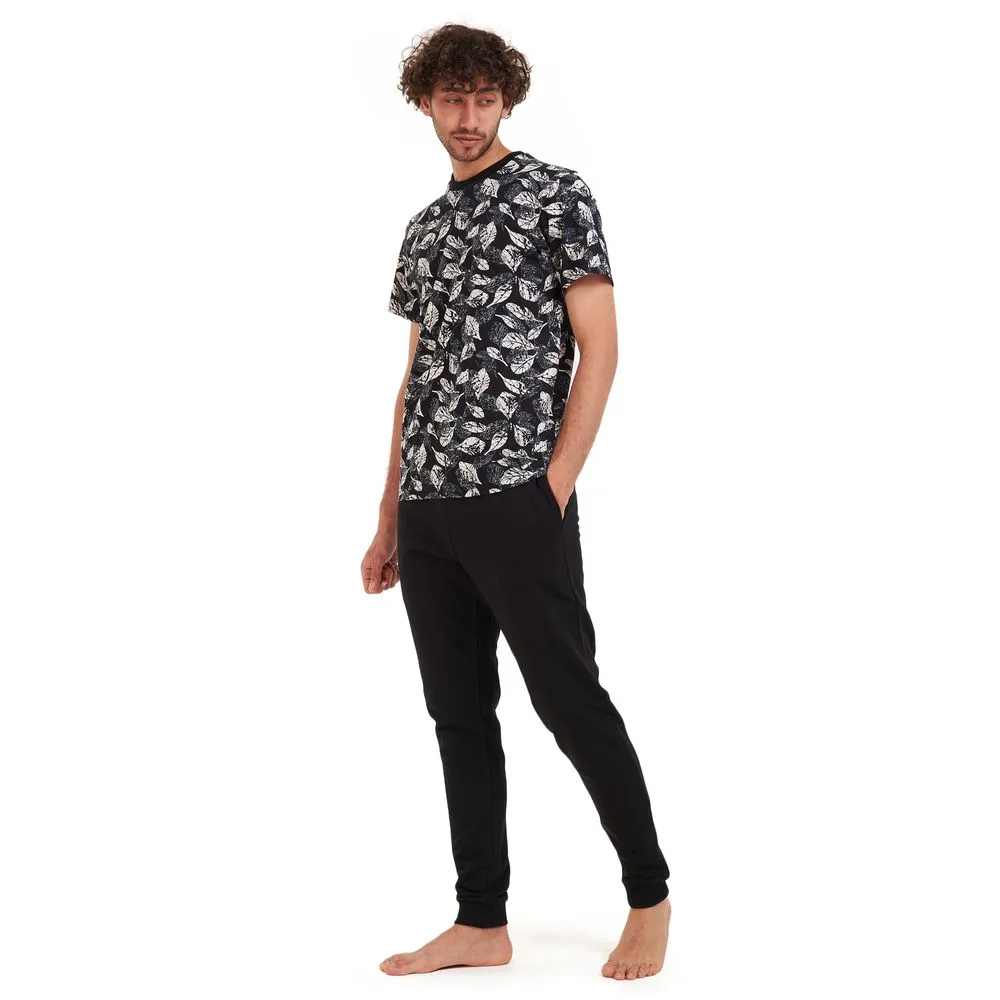 Men summer pajama set White leaves T-shirt  Black pants