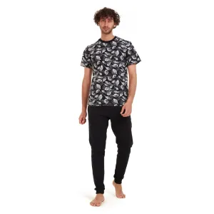 Men summer pajama set White leaves T-shirt  Black pants