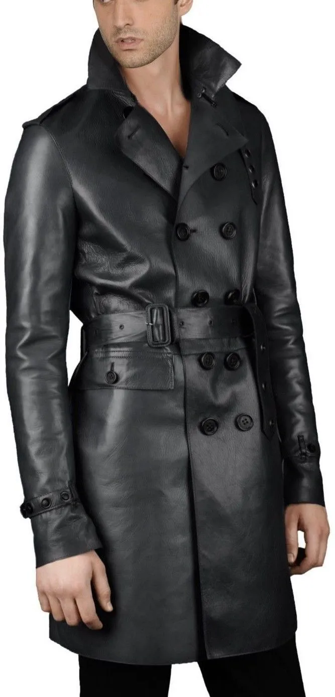 Men's Black Leather Mid-Length Trench Coat MC09