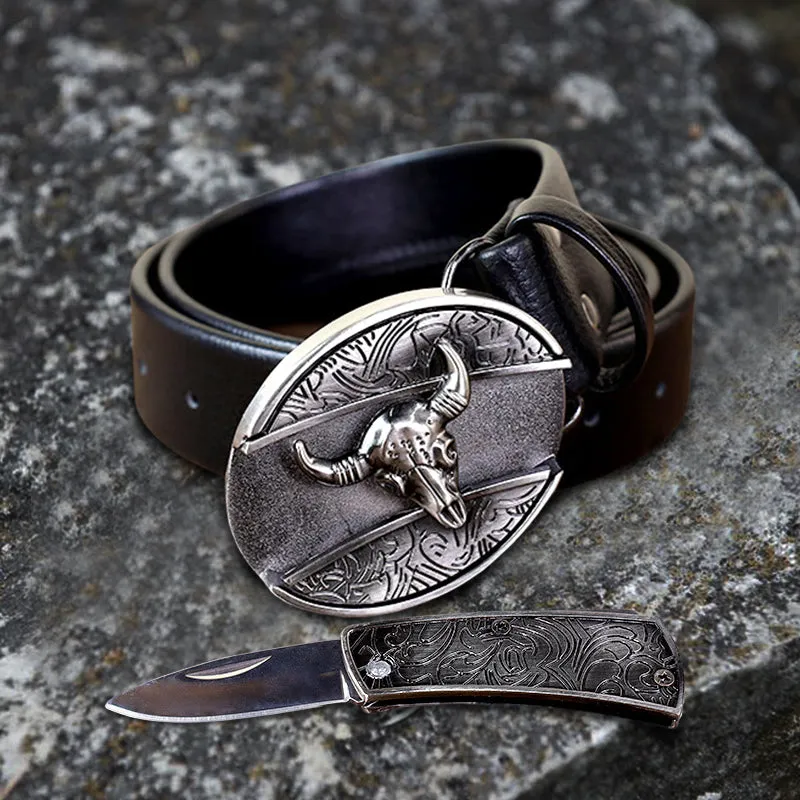 Men's Bull Head Leather Belt With Folding Knife