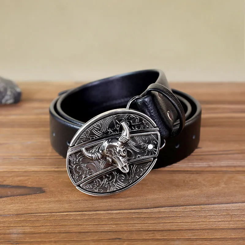 Men's Bull Head Leather Belt With Folding Knife