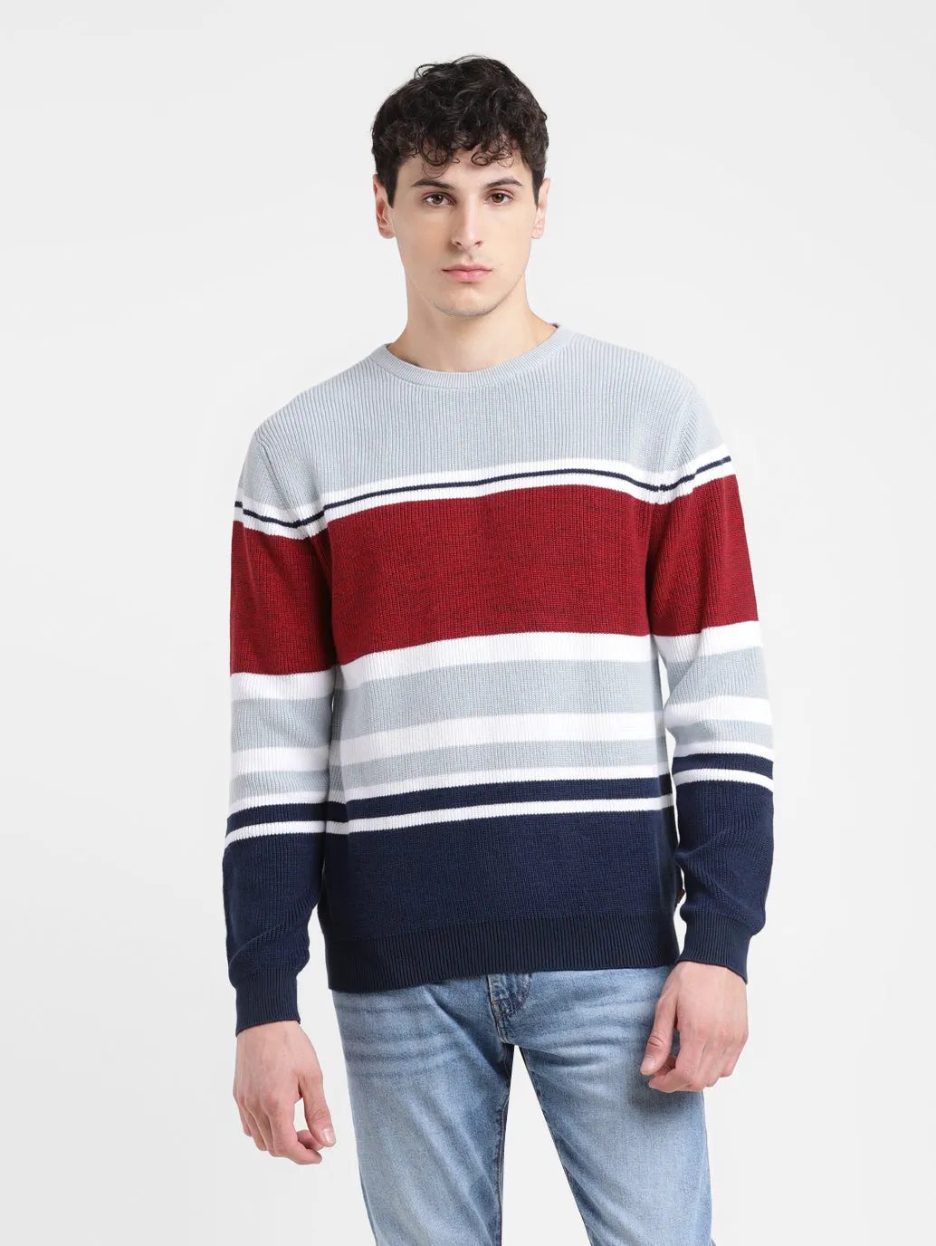 Men's Colorblock Red Crew Neck Sweater