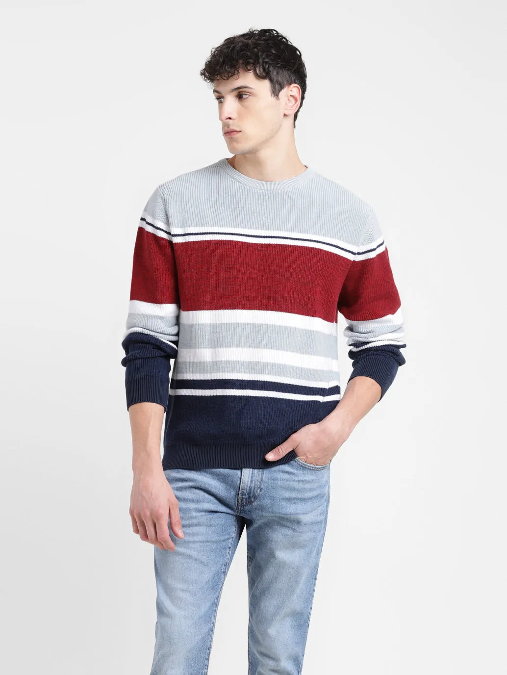 Men's Colorblock Red Crew Neck Sweater