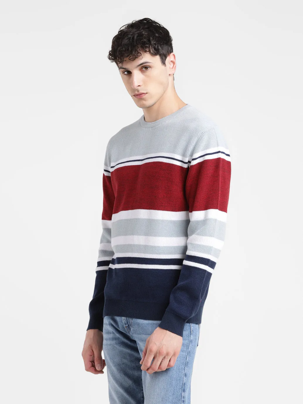 Men's Colorblock Red Crew Neck Sweater