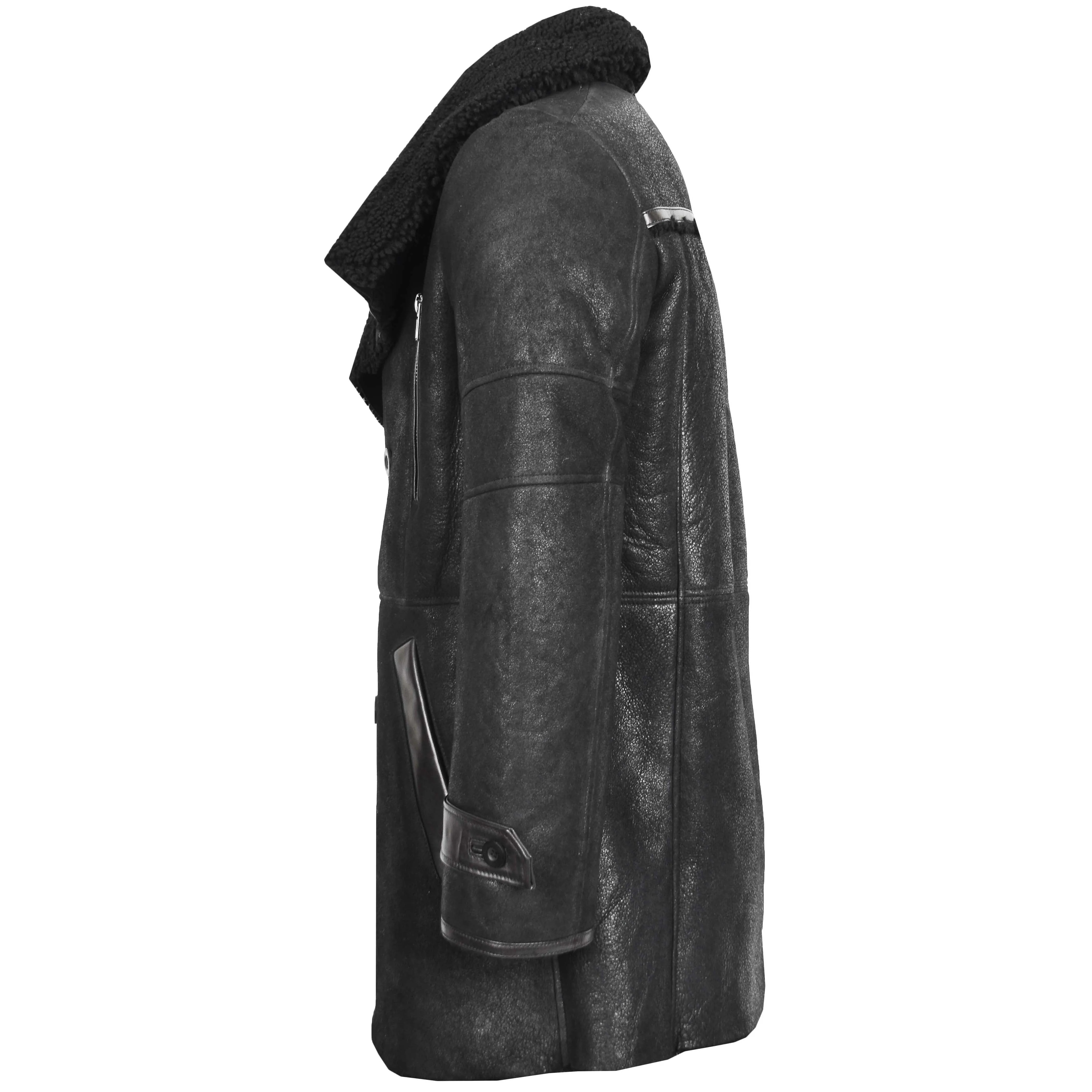 Mens Double Breasted Sheepskin 3/4 Length Coat Bryan Black