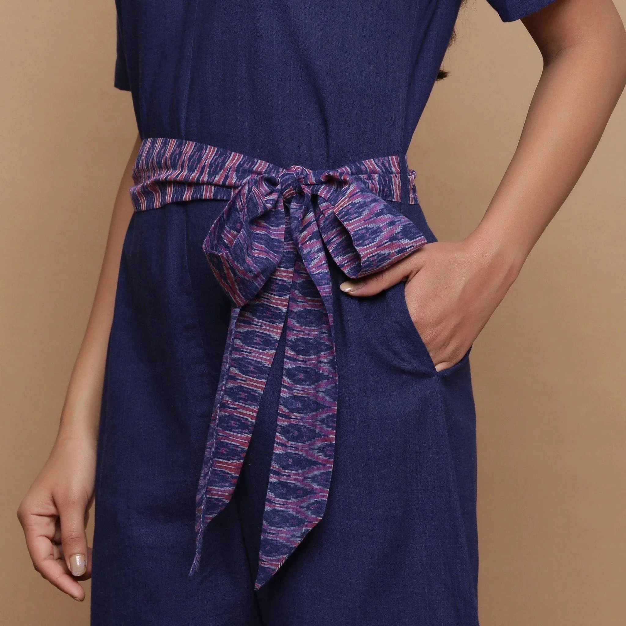 Navy Blue Handspun Cotton Ikat V-Neck Jumpsuit