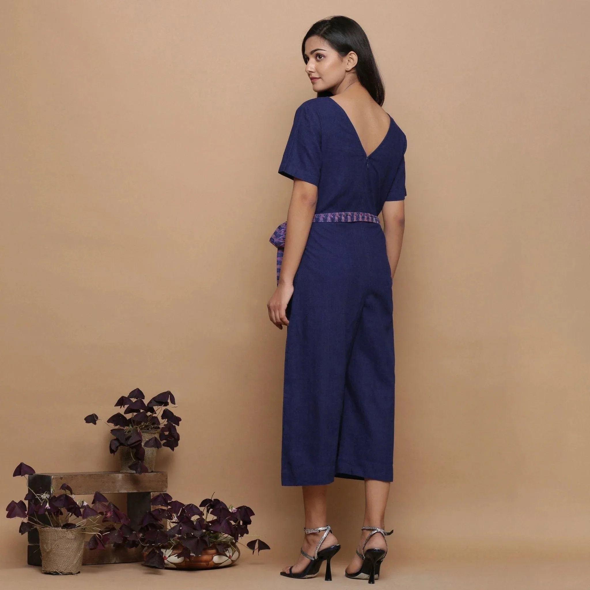 Navy Blue Handspun Cotton Ikat V-Neck Jumpsuit