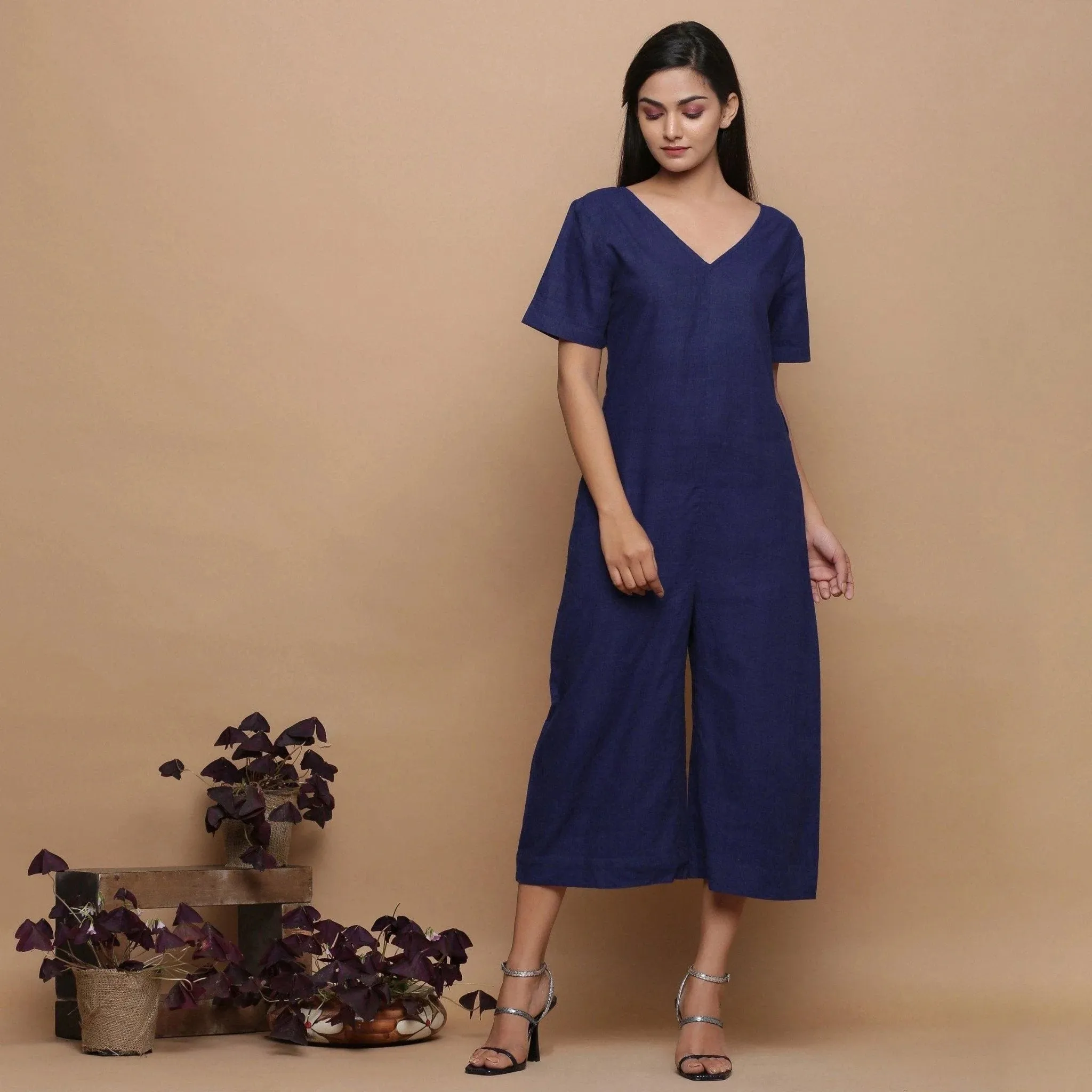 Navy Blue Handspun Cotton Ikat V-Neck Jumpsuit